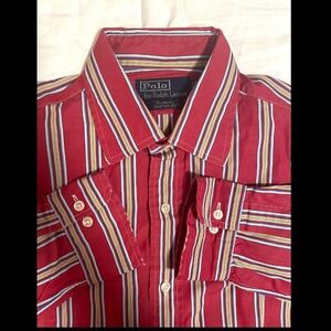 Vintage Curham Polo Ralph Lauren Striped Long Sleeve Button Shirt Men Med Red